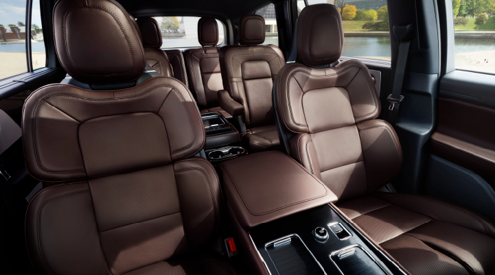 The cabin of the 2025 Lincoln Aviator® SUV is shown with black and brown accents. | Lincoln of Ramsey in Ramsey NJ