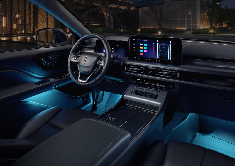 Deep blue ambient lighting glows from various places within a 2025 Lincoln Aviator® SUV. | Lincoln of Ramsey in Ramsey NJ