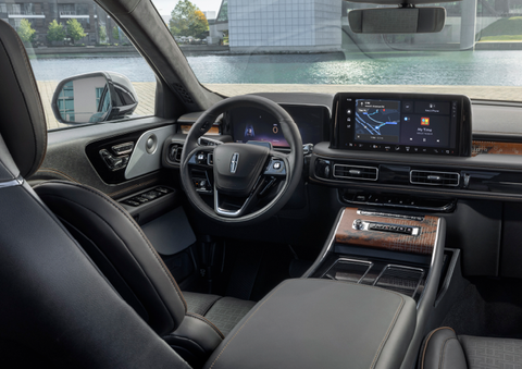 The interior of the 2025 Lincoln Aviator® SUV is shown parked with a view of a harbor through the windshield. | Lincoln of Ramsey in Ramsey NJ